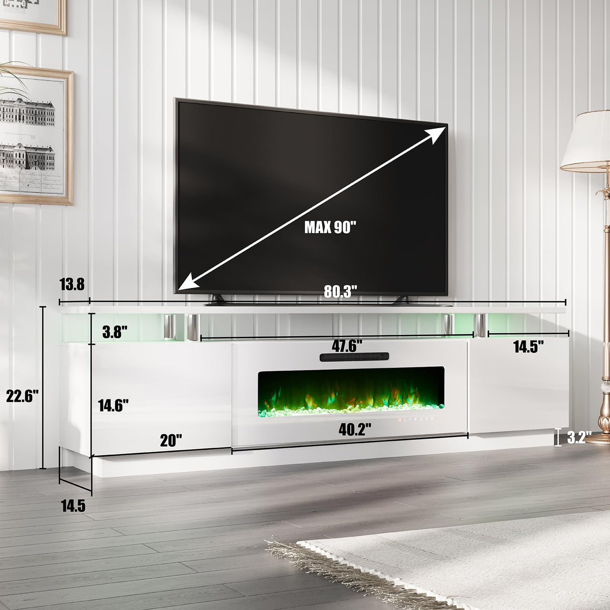 Fireplace TV Stand with 40" Fireplace, 80" Modern High Gloss Fireplace Entertainment