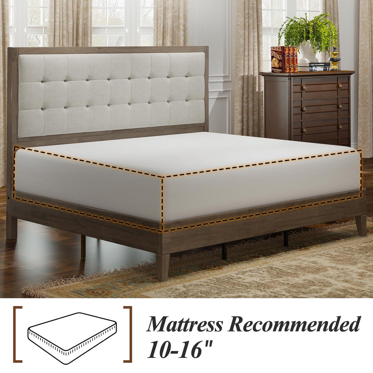 Wood Platform Bed Frame Full Size Upholstered Tufted Headboard/Solid Wood Bed No