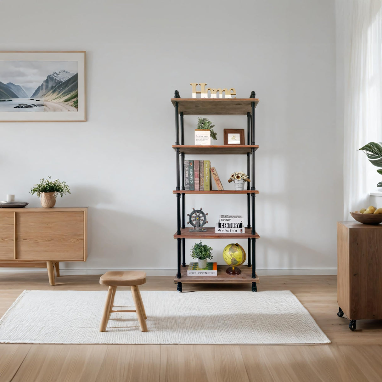 Industrial Bookshelves, Wood Pipe Bookshelf, 5 Shelf Rustic Display Storage Tall Standing