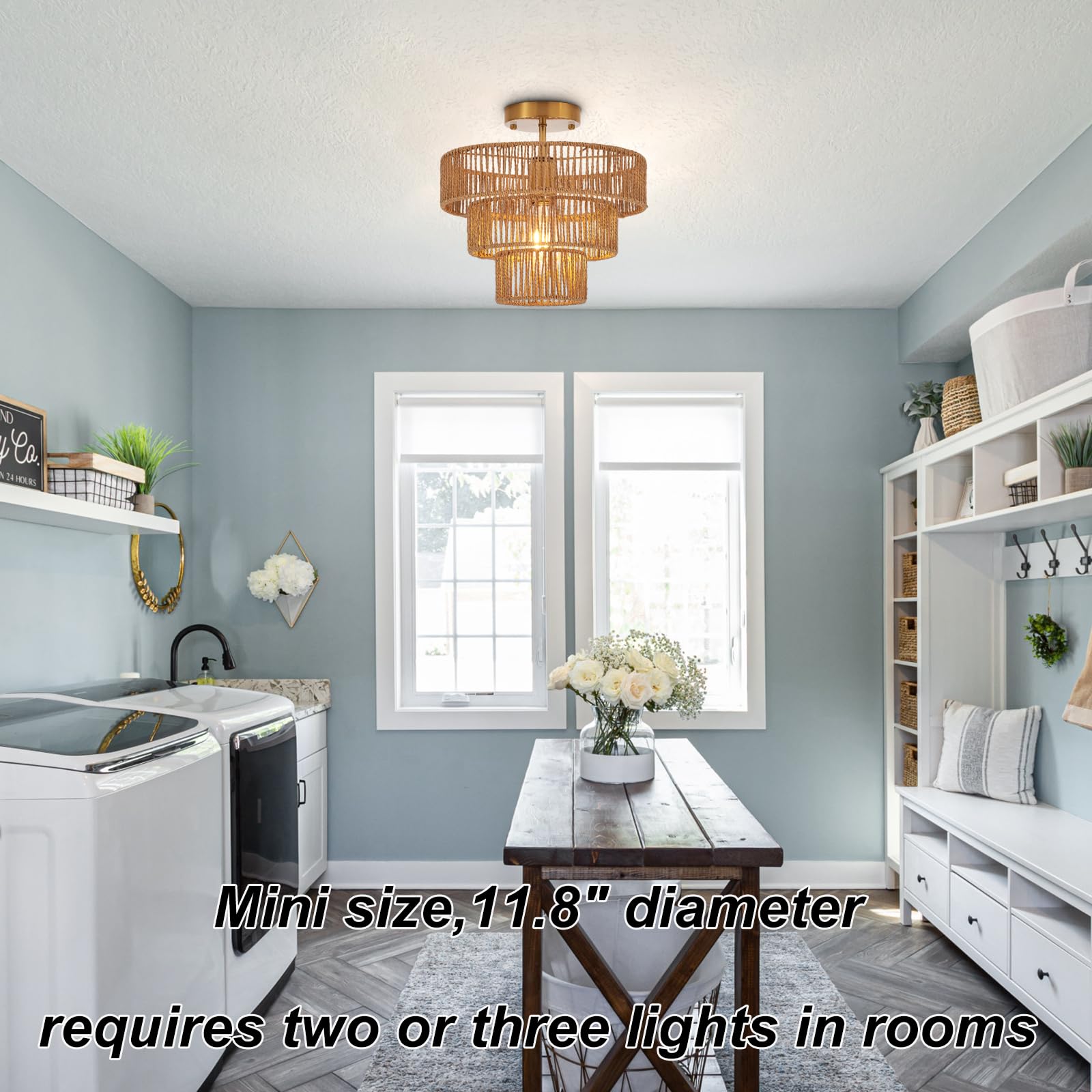 Hand-Woven Rattan Semi Flush Mount Ceiling Light Fixture Vintage Farmhouse Boho