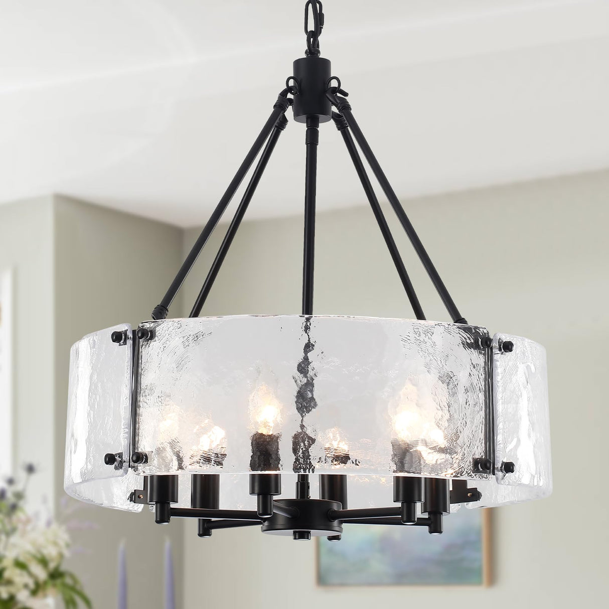 Glass Drum Chandelier for Dining Room，6-Light Round Glass Dining Room