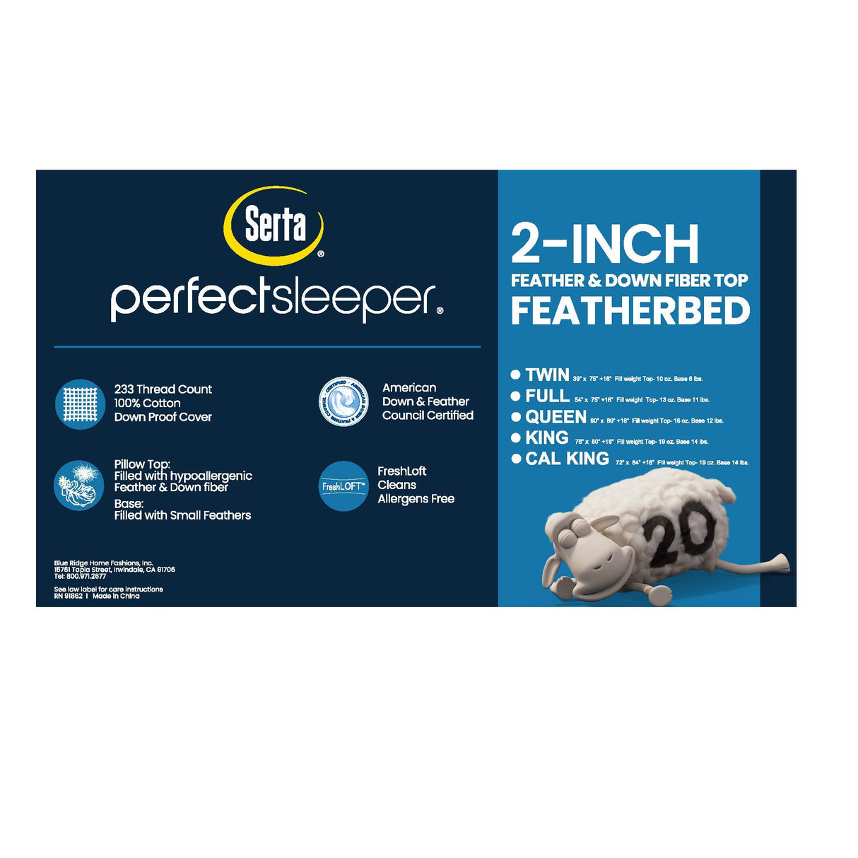 Feather and Down Fiber Pillow Top Mattress Topper Twin Size - 233 Thread Count 100% Cotton