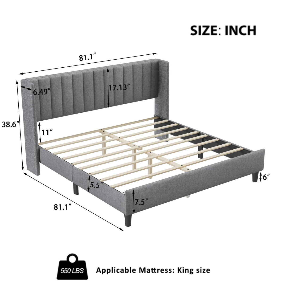 Bed Frame King Platform Bed with Linen Fabric Upholstered Headboard and Wooden