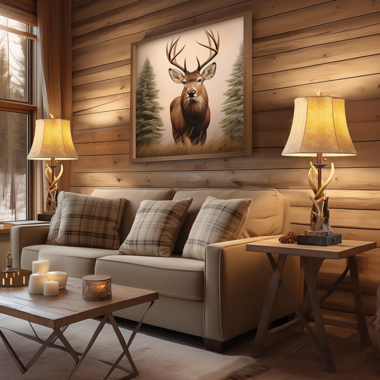 Antler Table Lamps Set of 2 with USB A+C Ports for Bedroom Farmhouse Deer Rustic