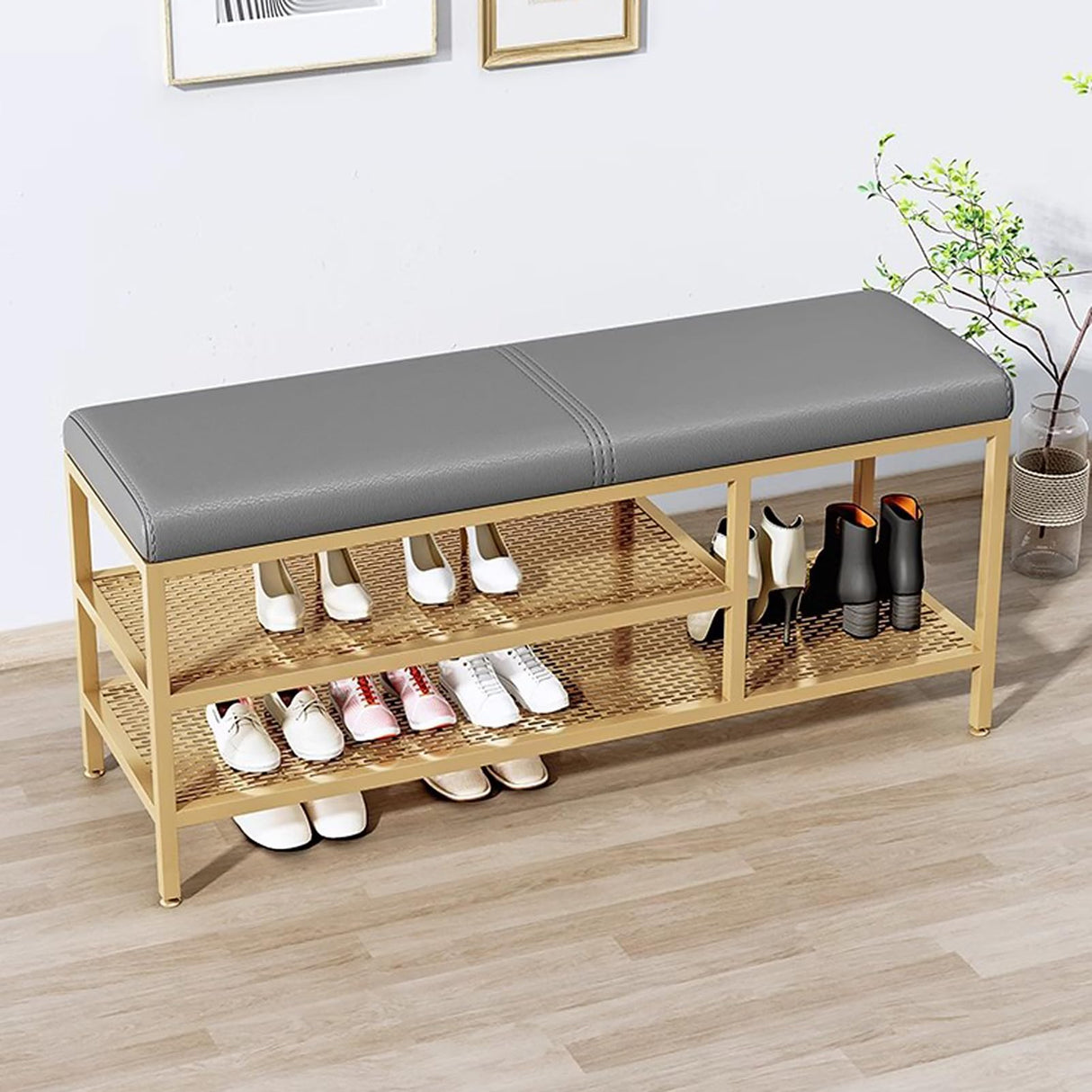 Entryway Bench with Shoe Rack Gold, Shoe Storage Organizer Bench