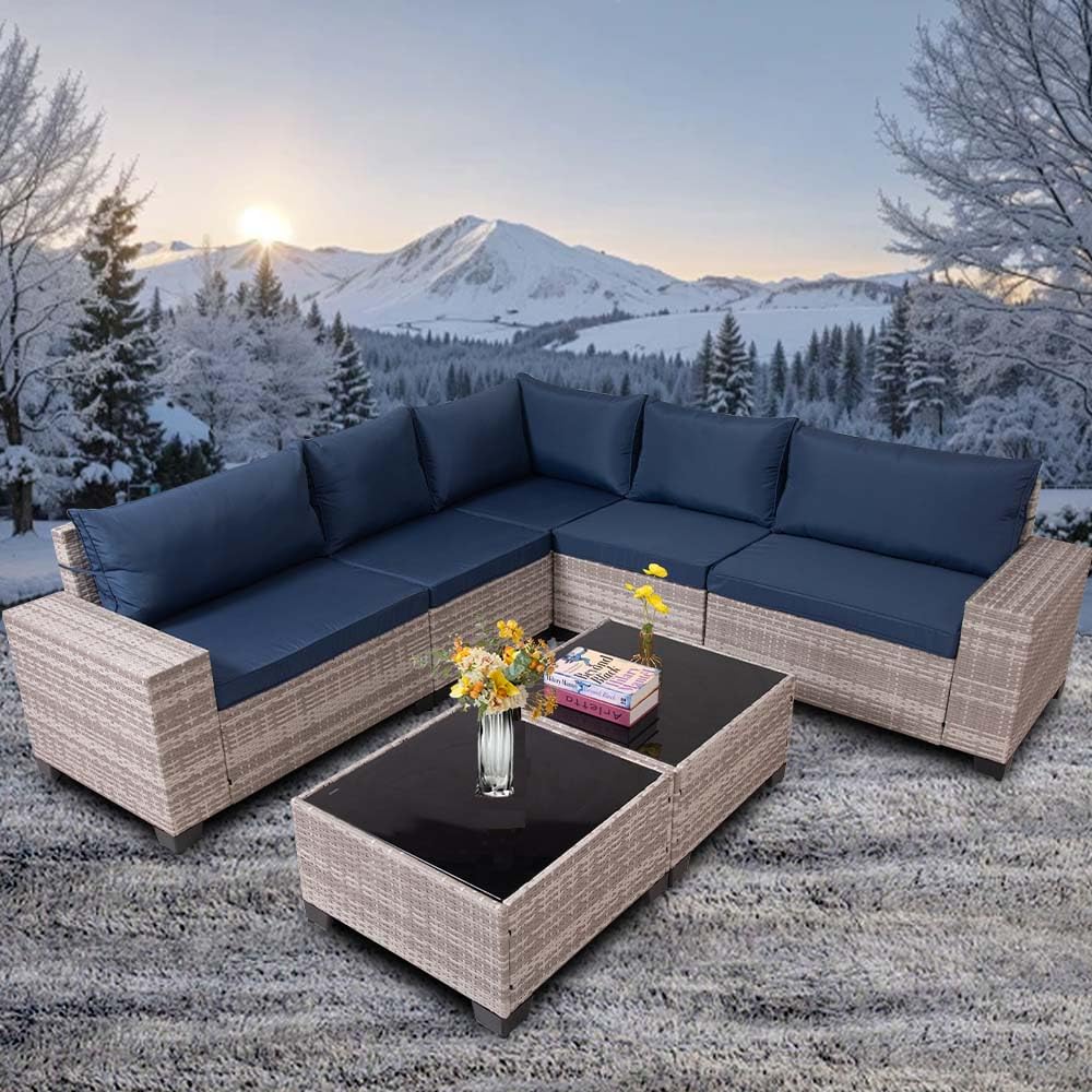 7 Piece Outdoor Wicker Patio Furniture Sectional Set, Wide Handrail Modular Conversation with Washable Cushions & Glass Coffee Table for Garden, Poolside, Backyard (Greywhite-Dark Blue)