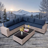 7 Piece Outdoor Wicker Patio Furniture Sectional Set, Wide Handrail Modular Conversation with Washable Cushions & Glass Coffee Table for Garden, Poolside, Backyard (Greywhite-Dark Blue)