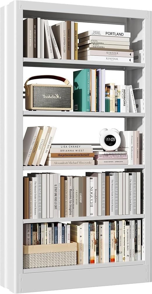 5-Tier Bookcase with Adjustable Storage Shelves, Metal Bookshelf