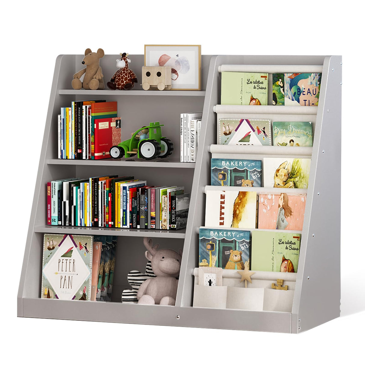 Kids Bookshelf and Toy Storage Organizer, 4 Tier Wooden Kids Book Shelf with Sling Book