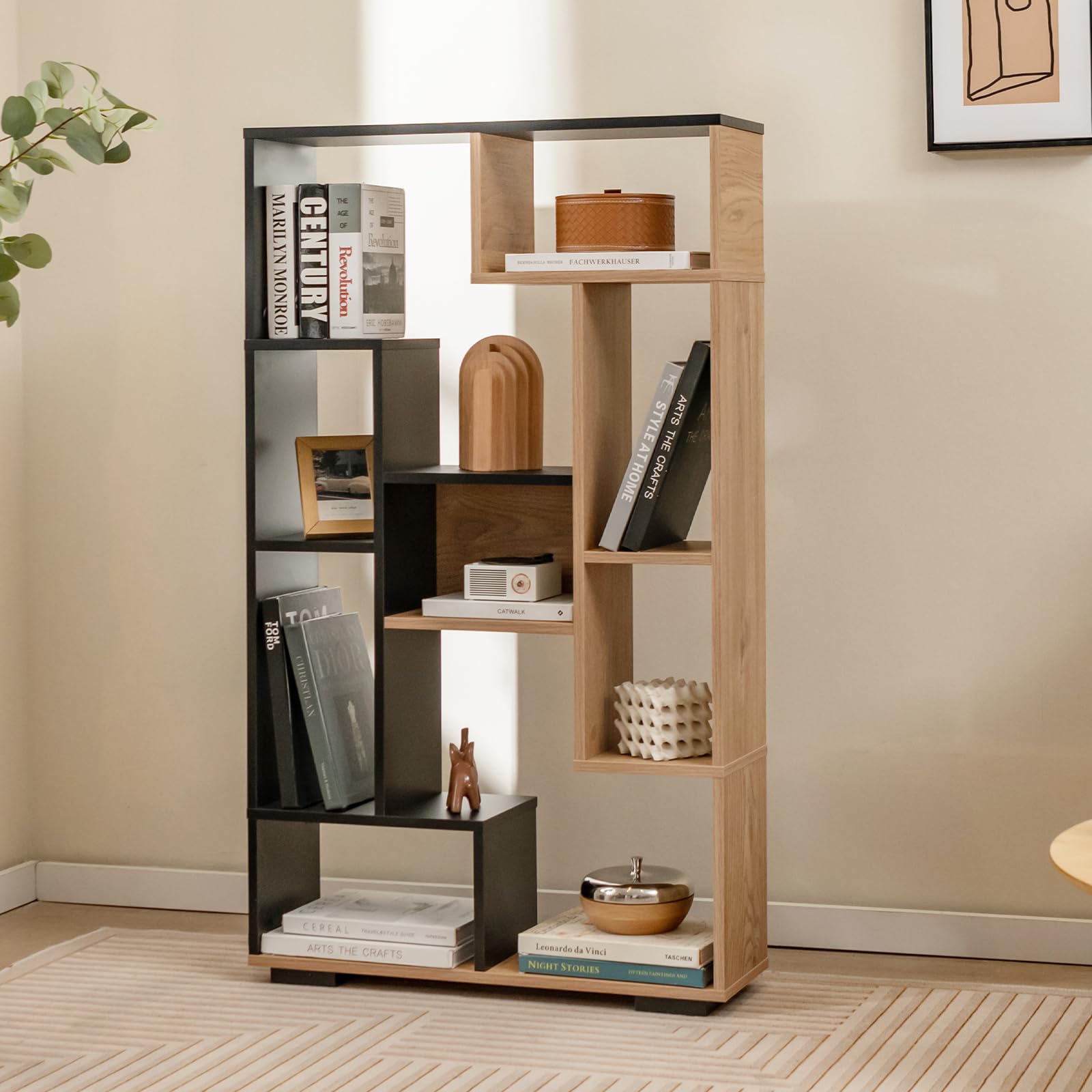 47-Inch Bookshelf, Modern Wooden Geometric Bookcase with Open Shelves, Anti-Tipping Kits, Wood Book Case Shelf, Open Cube Storage Organizer Display Rack for Living Room