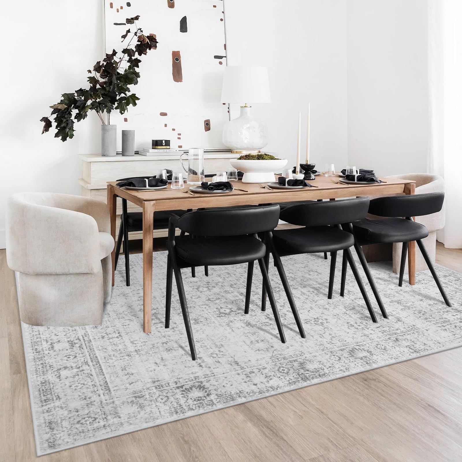 Washable Area Rug 8x10 Large Boho Living Room Rug Vintage Grey Rug for Bedroom