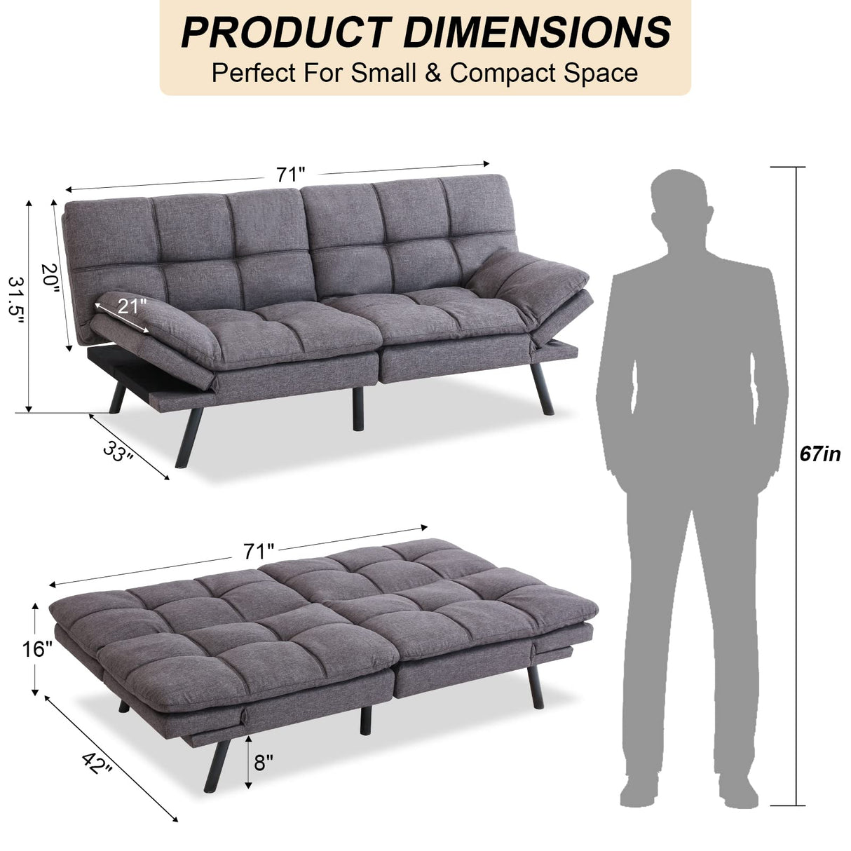 Couch,Convertible, Memory Foam Sleeper, Adjustable Modern Loveseat,Futon