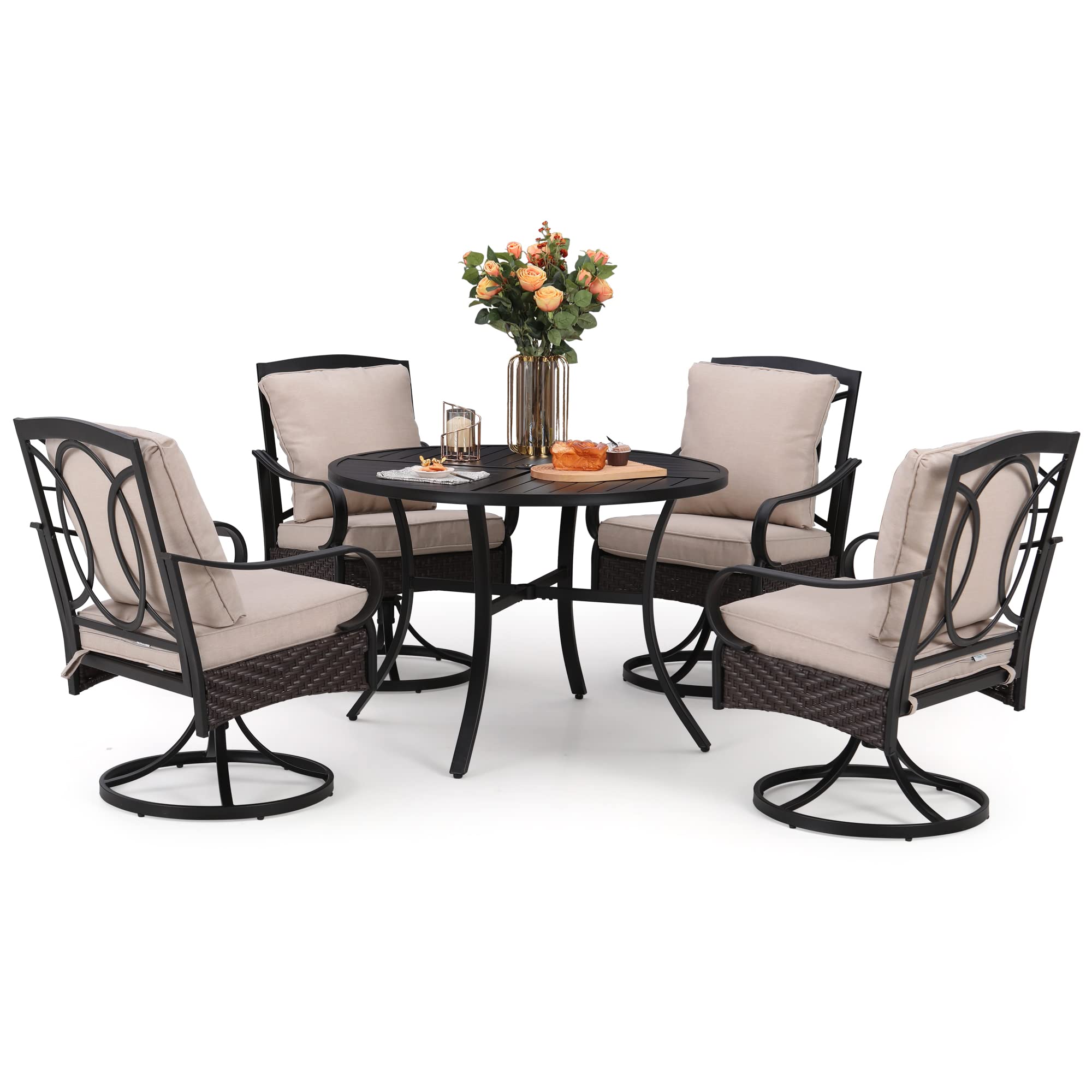 Patio Dining Set for 4, Outdoor Table Furniture Set 5 Piece with 4 Padded Swivel Dining