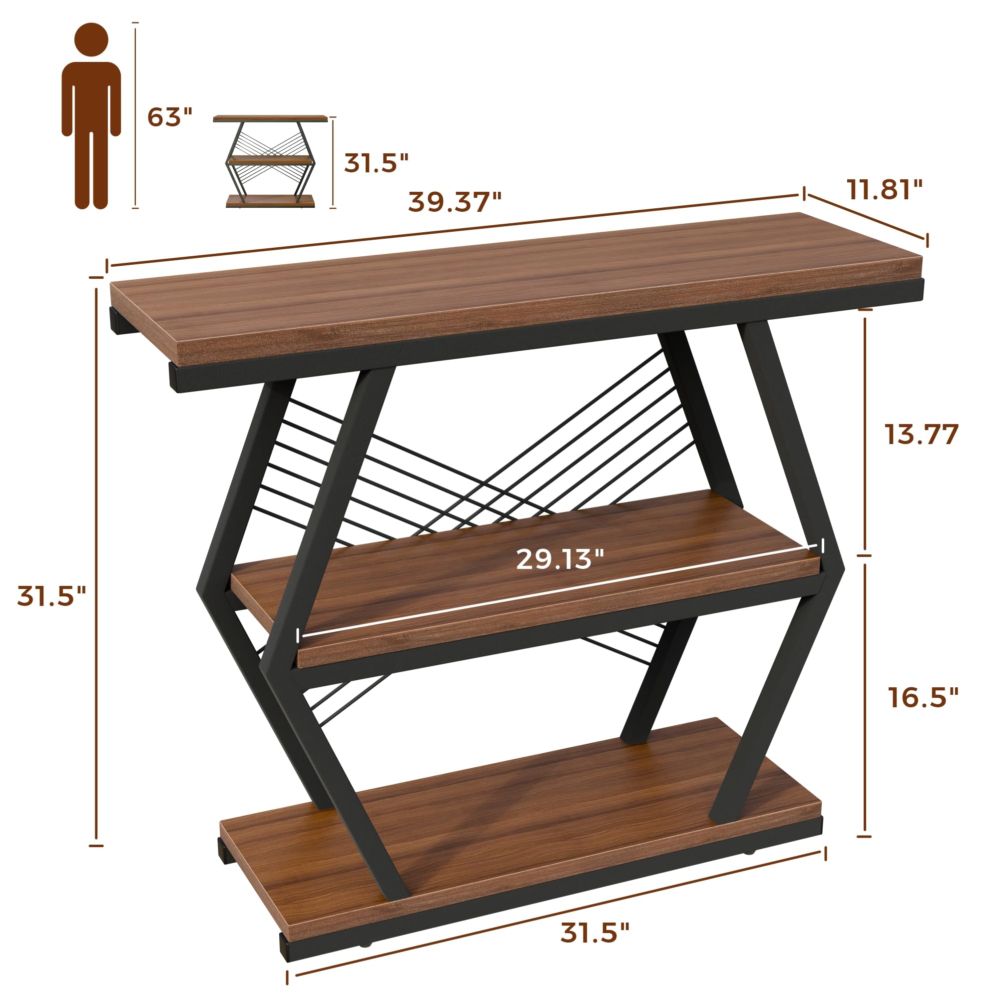 39.4" Industrial Console Table - 3-Tier Rustic Brown Entryway Table