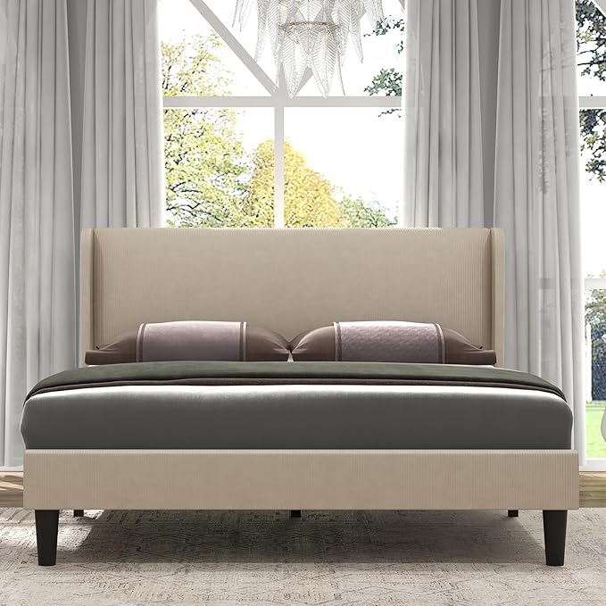 Full Bed Frame, Upholstered Platform Bed with Wingback Headboard, Velvet Upholstered Bed Frame with 2 Storage Pockets,