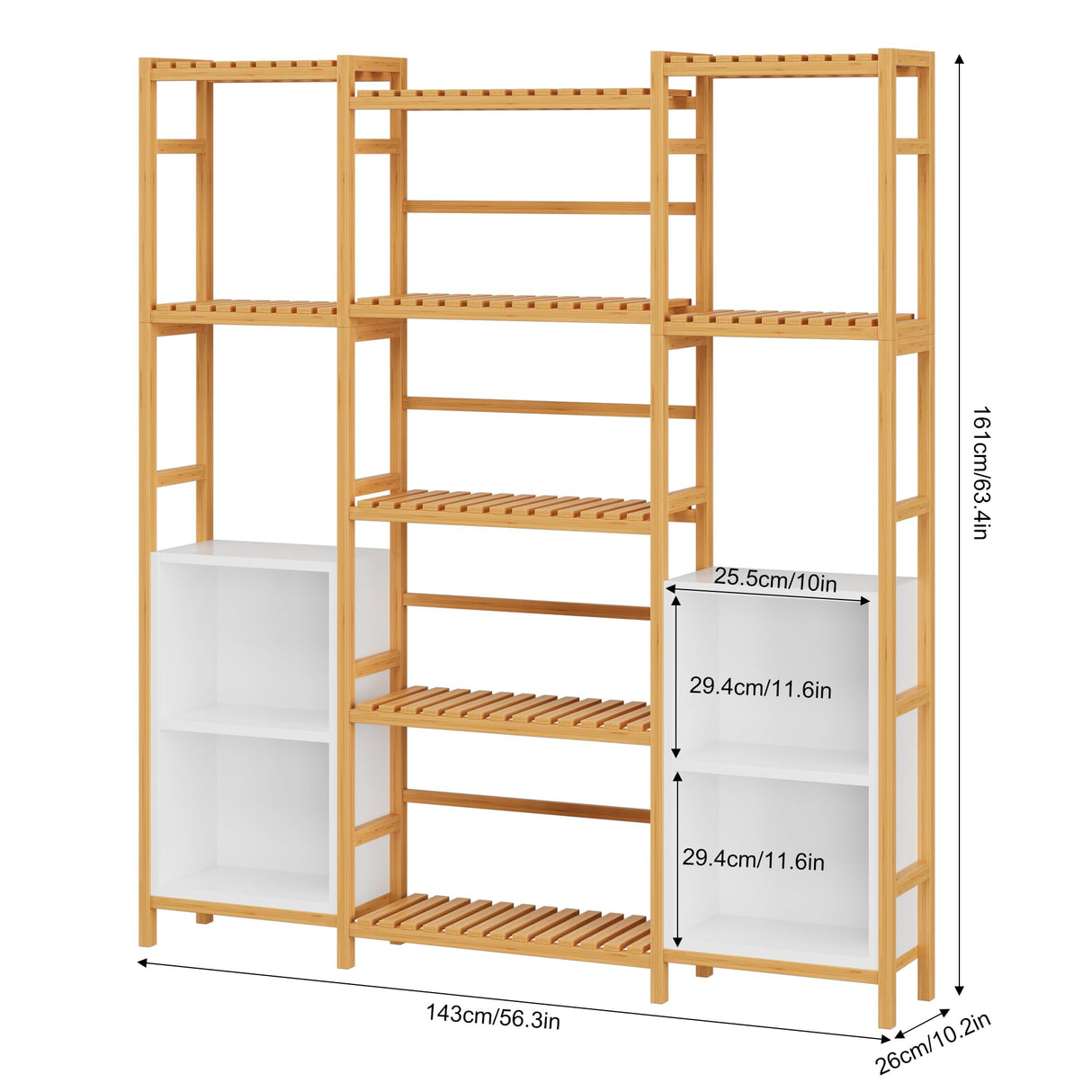 Bamboo Shelf Bookcase, Triple Wide Bookshelf with 4 Cubes & 9 Shelves, Large Bookshelf with Storage, Plant Shelf Bathroom Shelf Pantry Shelf Standing Organizer Unit, Natural