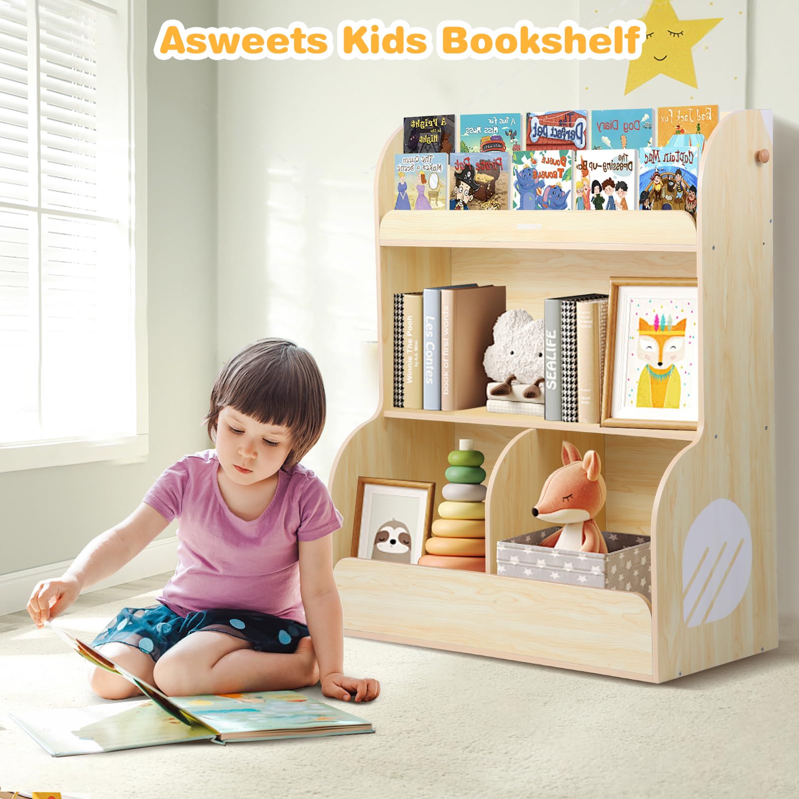 Bookshelf & Montessori Toy Storage Cubby, 3 Tiers Children Wooden Bookcase