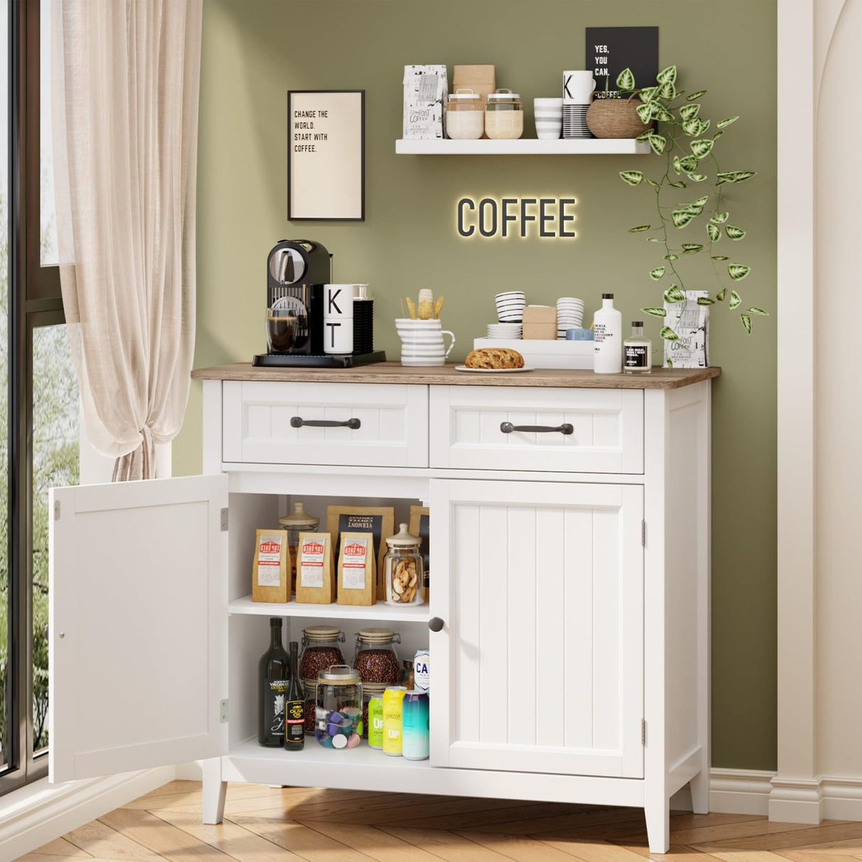 Kitchen Sideboard Buffet Cabinet, 32'' H Large Kitchen Storage Island and Adjustable Shelf