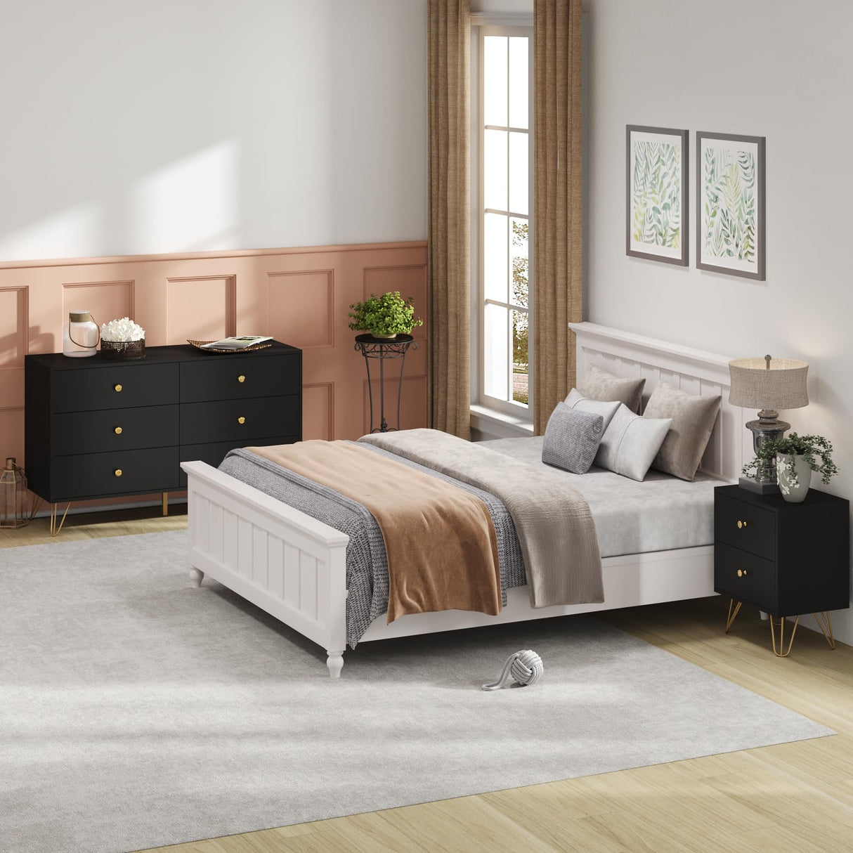 6 Drawer Dresser and Night Stand Sets for Bedroom, Two Drawers Nightstand Set of 2 & 6 Drawer Dresser with Gold Handle, Modern Black and Gold Dresser Set