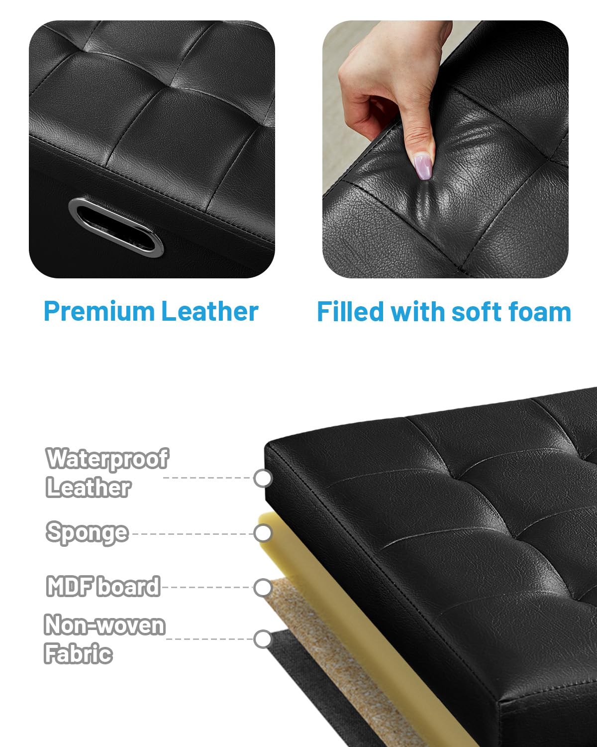 Storage Ottoman, Folding Foot Stool with Thicker Foam Padded Seat Small Leather Storage