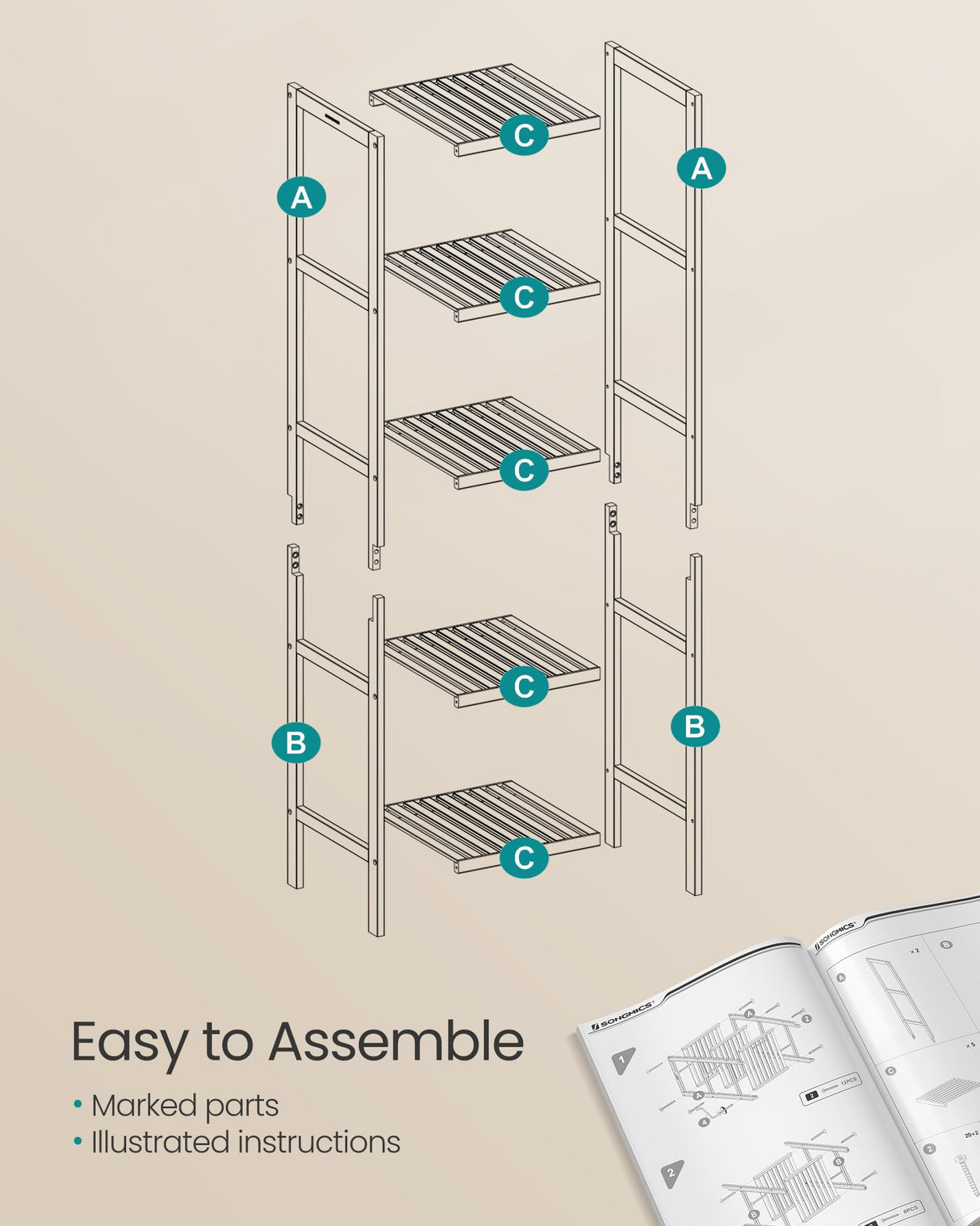 5-Tier Bamboo Bathroom Shelf, Narrow Shelving Unit, Multifunctional Storage