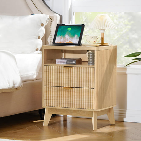 Fluted Nightstand with Charging Station, 19.7 inch Wide End Table with 2 Drawers, Modern Wood Bedside Table for Bedroom, Natural