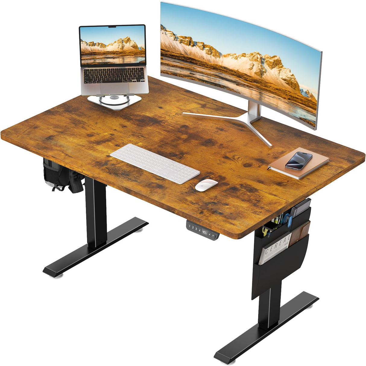 47.2x27.6 Inch Whole Piece 1-Inch Thick Standing Desk with Side Storage Pocket, Electric Adjustable Height Rising Table, Ergonomic Office Computer Desks for Workstation,Study,Gaming,Brown