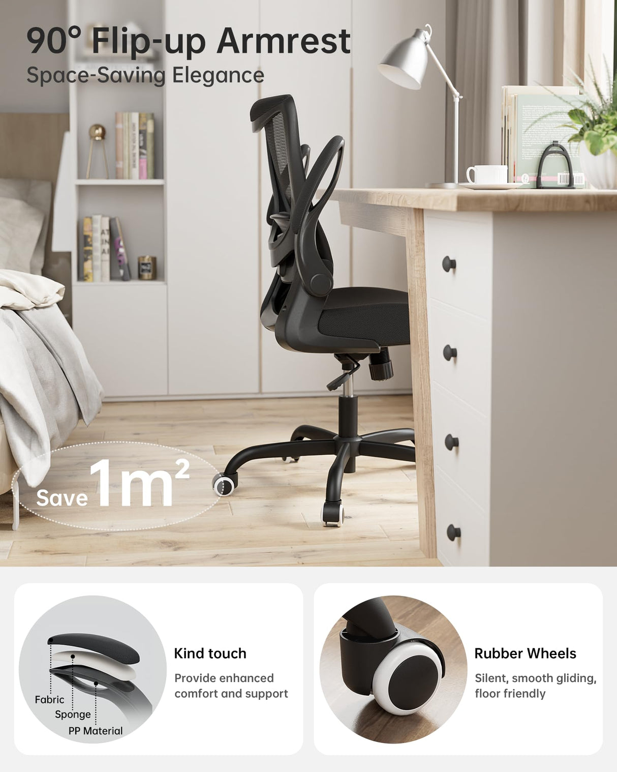 Office Chair, Ergonomic Desk Chair with Adjustable Lumbar Support and Flip up Armrest