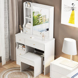 Small Makeup Vanity Desk Set with Sliding Mirror and Stool,Vanity Table with Storage Drawers and Shelves for Bedroom (White)