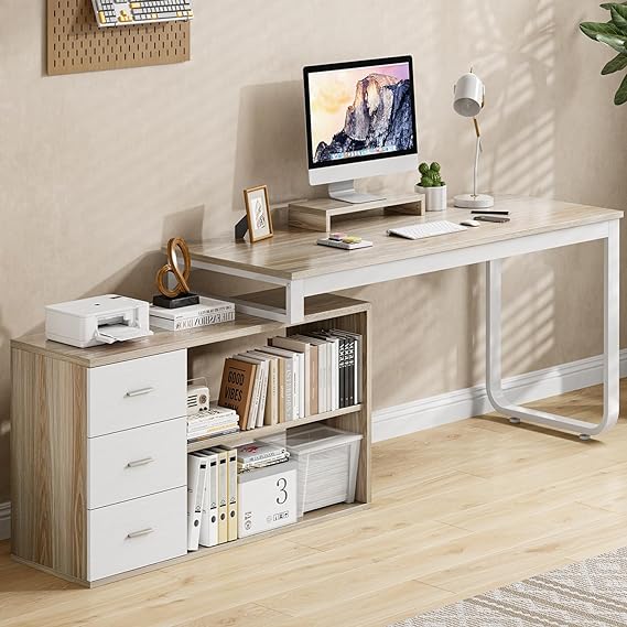 Desk with 3 Drawers, Home Office Computer Desk with Storage Shelfs