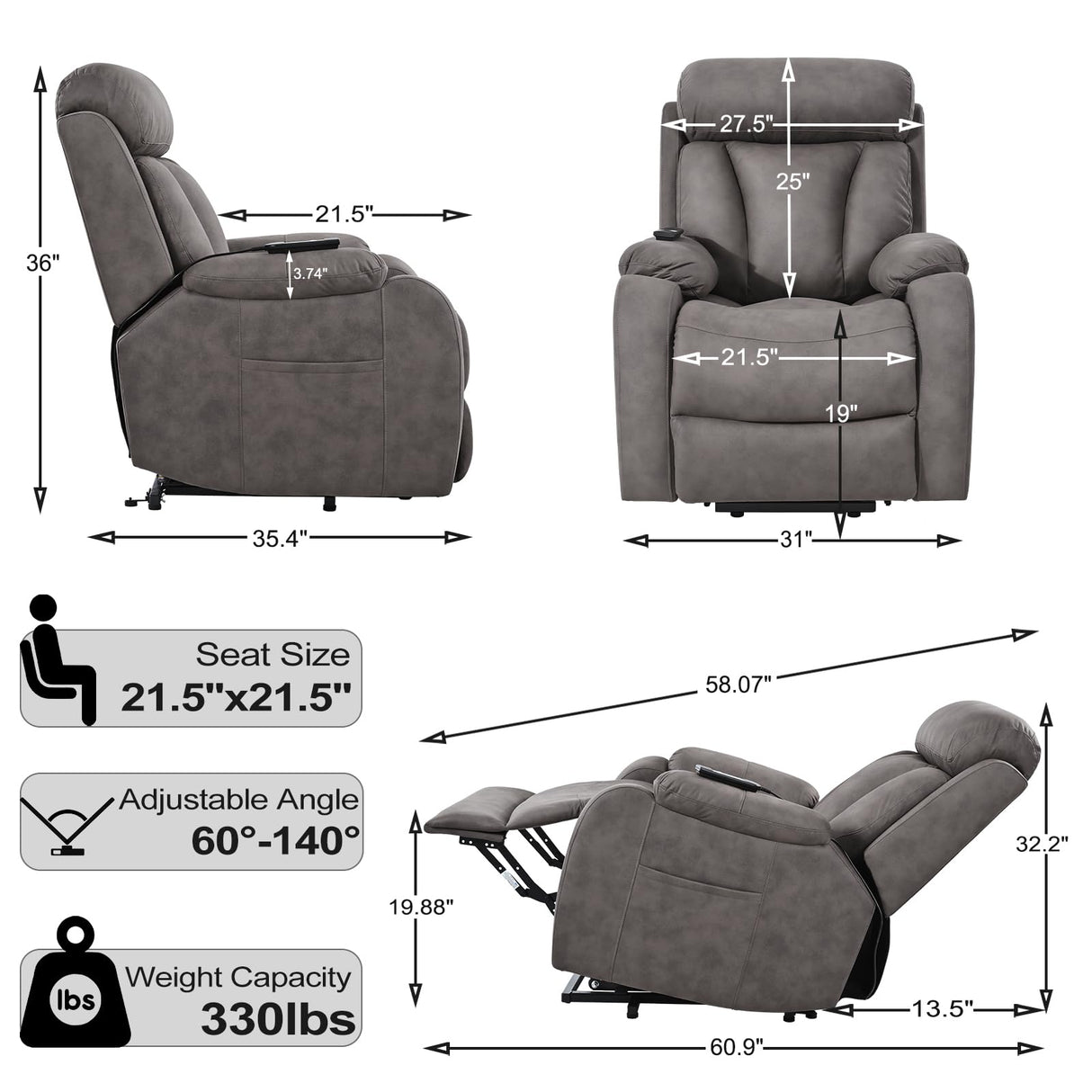 Small Power Lift Recliner for Elderly, Lift Chair Recliners, Electric Recliner Chairs for Seniors, Remote Control, Adjustable, Side Pocket (Brown Grey)