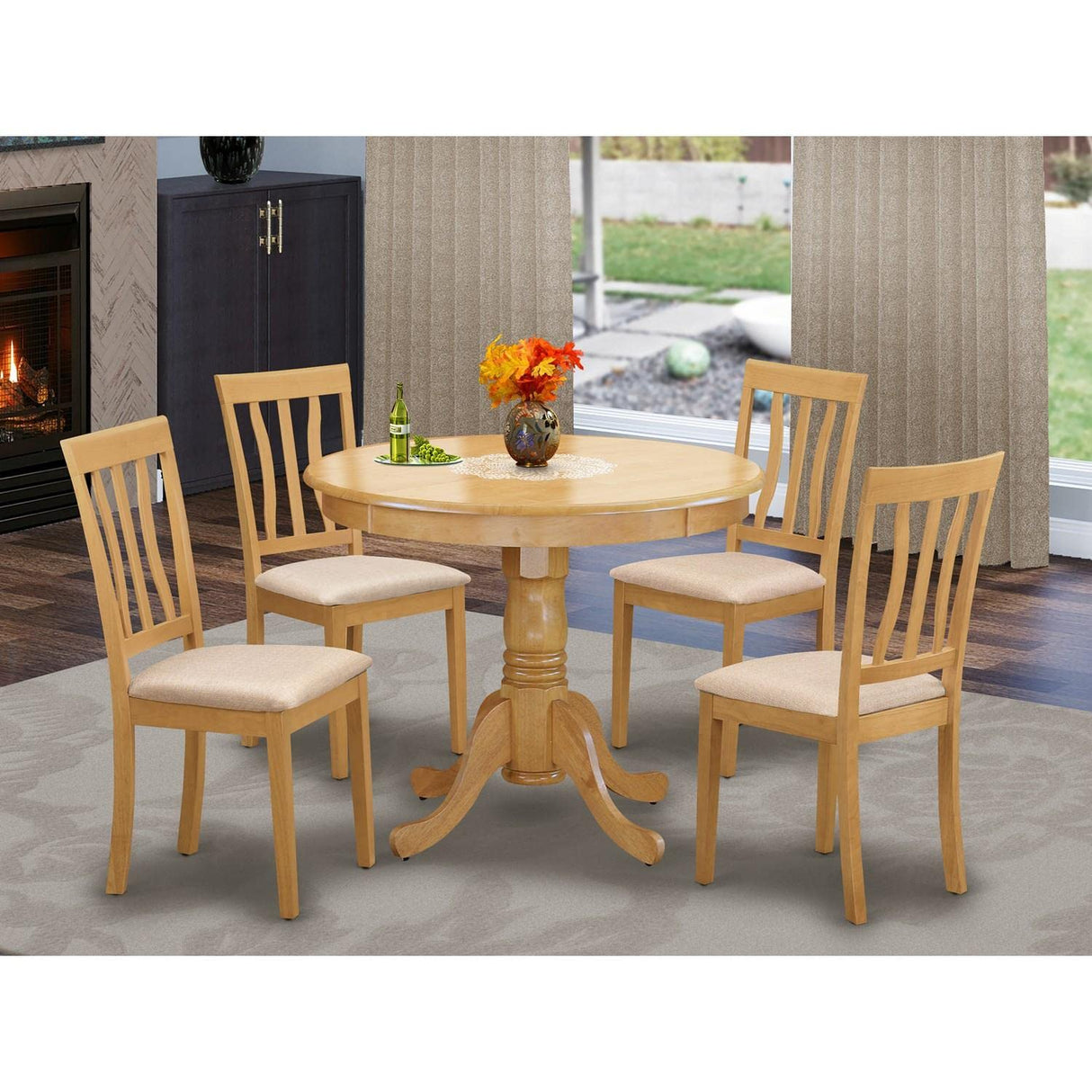 Antique 5 Piece Room Set Includes a Round Wooden Table with Pedestal and 4 Linen Fabric Kitchen Dining Chairs,