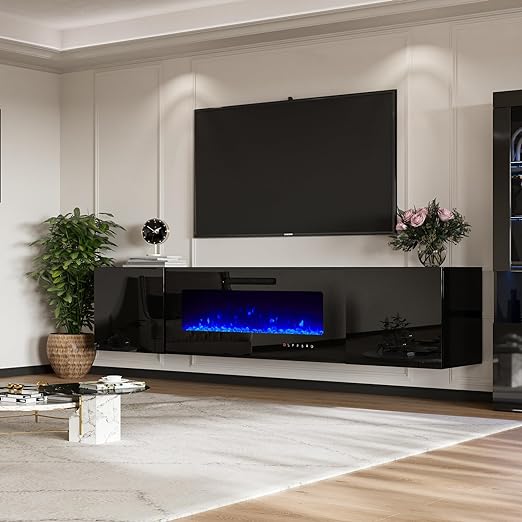 Floating TV Stand with 36" Electric Fireplace, High Gloss Finish Wall Mounted