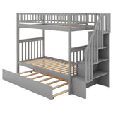 Twin Over Twin Bunk Bed with Stairs and Trundle, Solid Wood Stairway Bunk Bed Frame