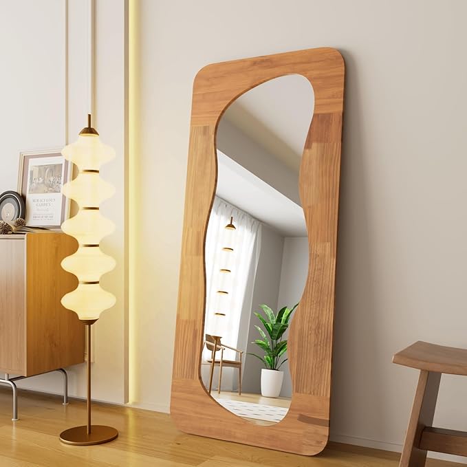 65" x 24" Full Length Mirror Wood Framed Wavy Walnut Full Body Mirror Shatter-Proof