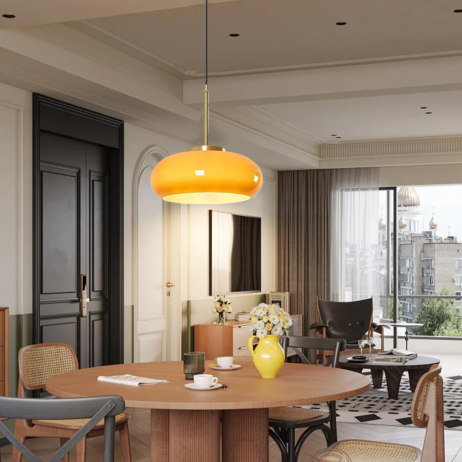 Adjustable Orange Glass Pendant Light for Kitchen Island