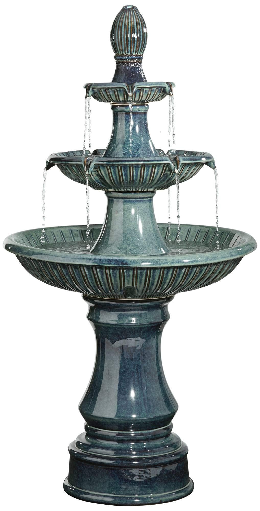 Modern Outdoor Cascading Floor Water Fountain with LED Light 3-Tier Teal Blue Ceramic 46"