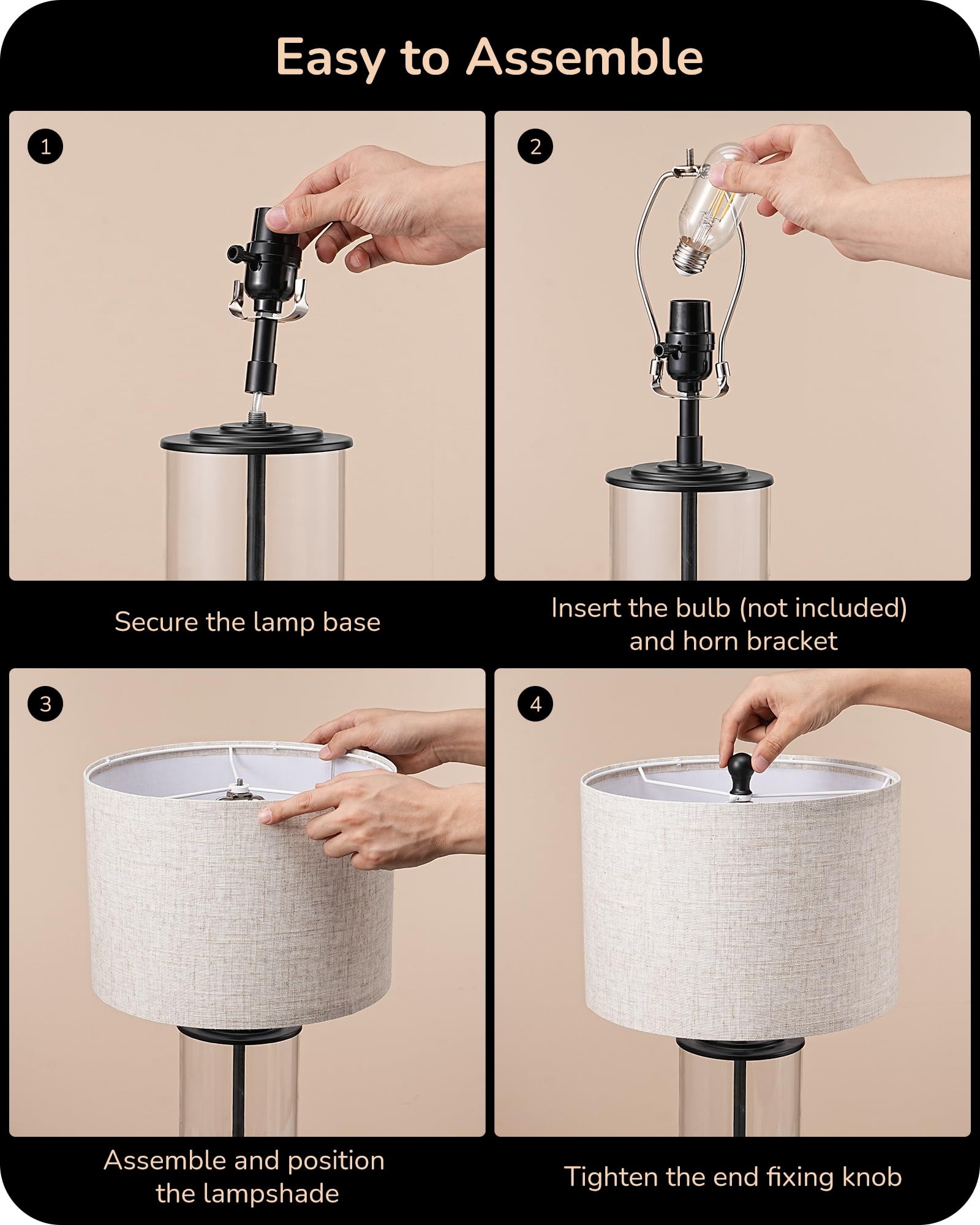 23.6" Glass Table Lamp Set of 2 - DIY Refillable Bedside Lamps with Linen Lampshade