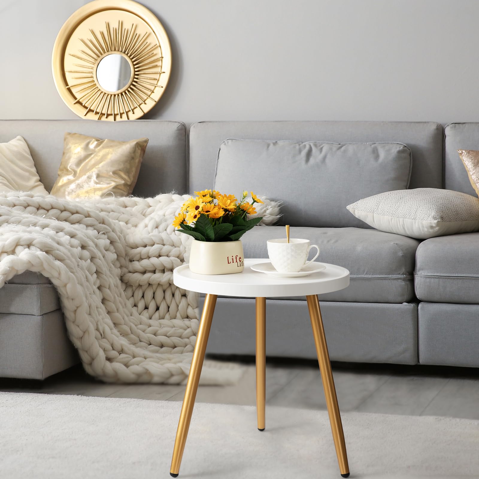 Round Side Table, Metal Legged Accent Table with Wooden Tray, Small Round End Table