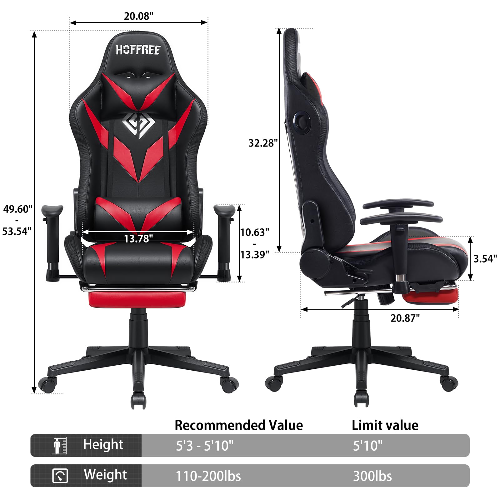 Gaming Chair with Bluetooth Speakers, LED Lights & Massage - Reclining with Footrest
