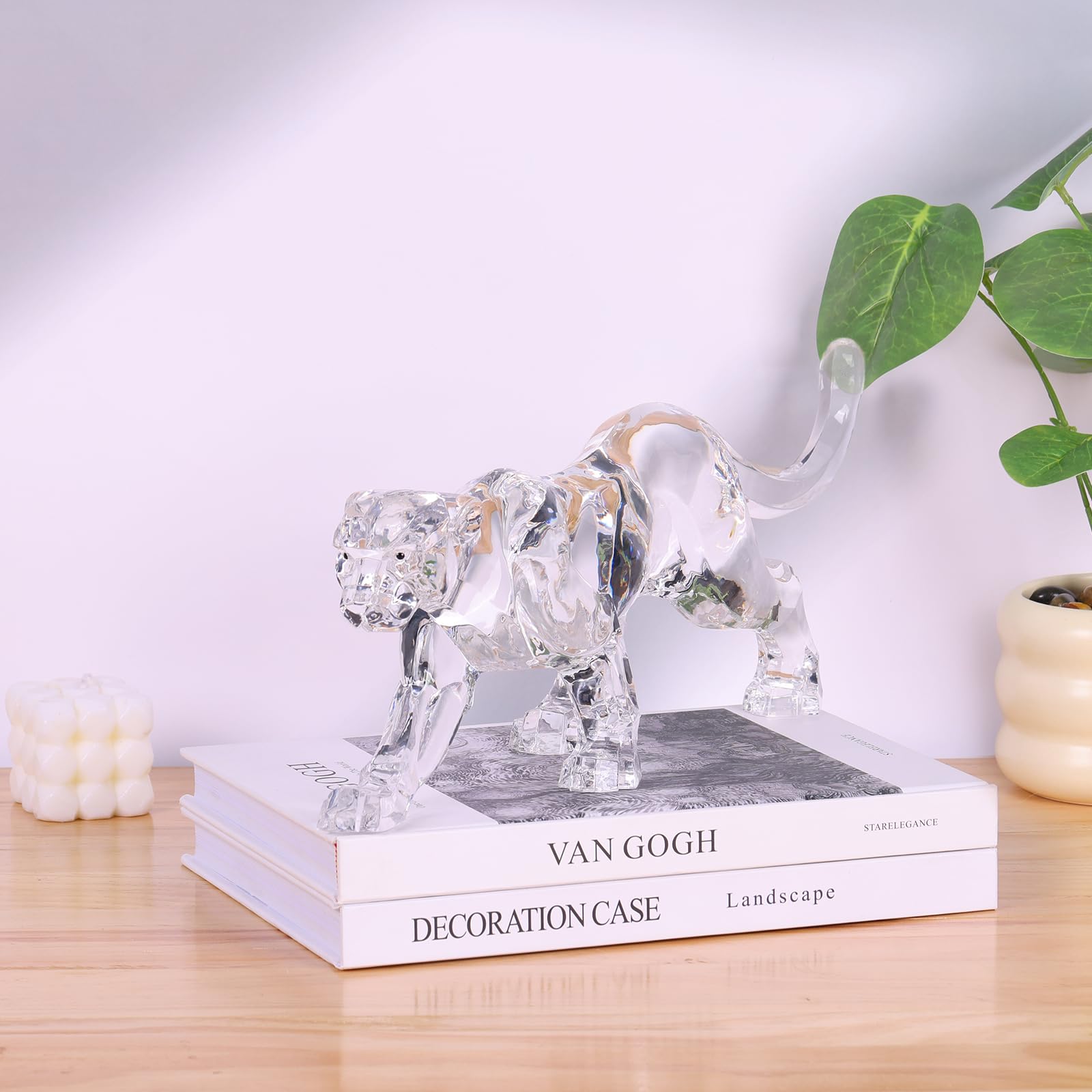 16" L Acrylic Cheetah Statue Crystal Glass Finish, Large Luxury Sculpture and