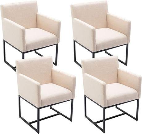 Linen Upholstered Dining Chairs with Arms Set of 2, Mid Century Modern Padded Kitchen Chairs