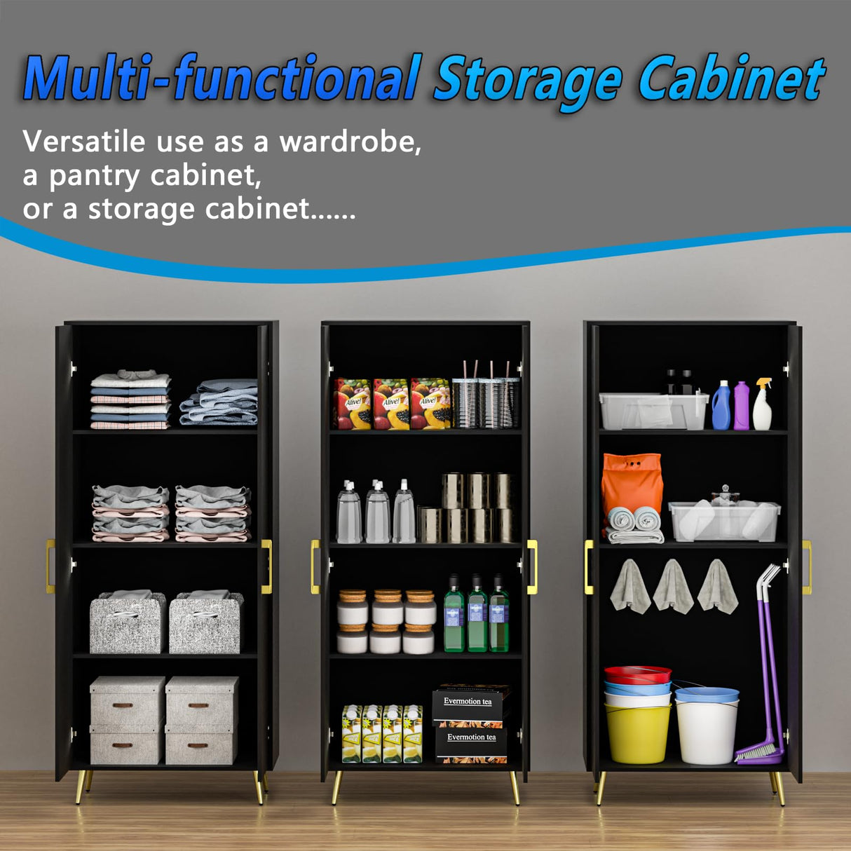 69” Tall Storage Cabinet - Black Storage Cabinet w/ 2 Doors and Adjustable Shelves