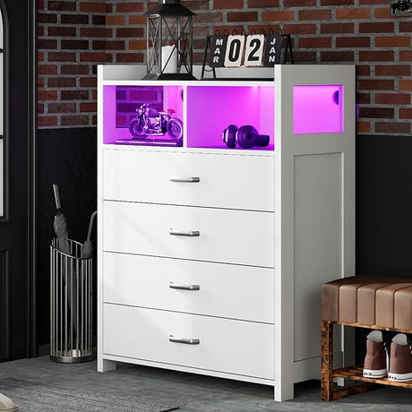 Tall Dresser 4 Drawers, White LED Dresser for Bedroom, Modern Dresser Wooden Storage