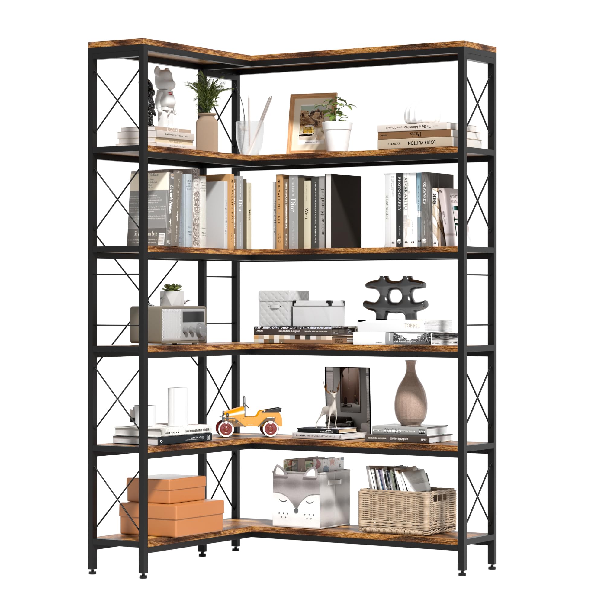6-Tier Corner Bookcase, Vintage Industrial Corner Bookshelf Etagere Bookcase, Corner Shelf Storage Rack with Carbon Steel for Living Room, Office, Home, Brown