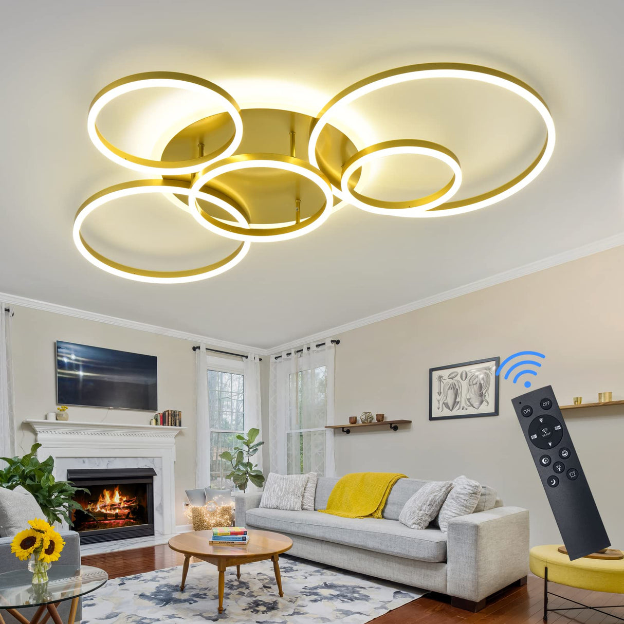 Modern LED Ceiling Light Gold Dimmable 5 Rings Flush Mount Ceiling Light Fixtures