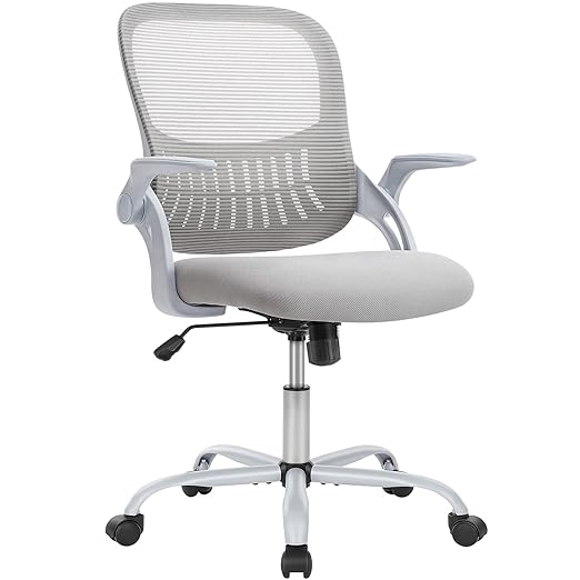 Computer Gaming Desk Chair, Ergonomic Mid-Back Mesh Rolling Work Swivel Chairs with Flip-up Arms, Comfortable Lumbar Support, Comfy Arms for Home,