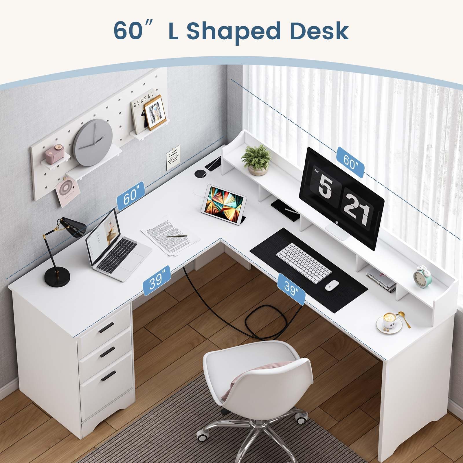 White L Shaped Desk with Drawers, Large L Shaped Desk Corner Computer Desk