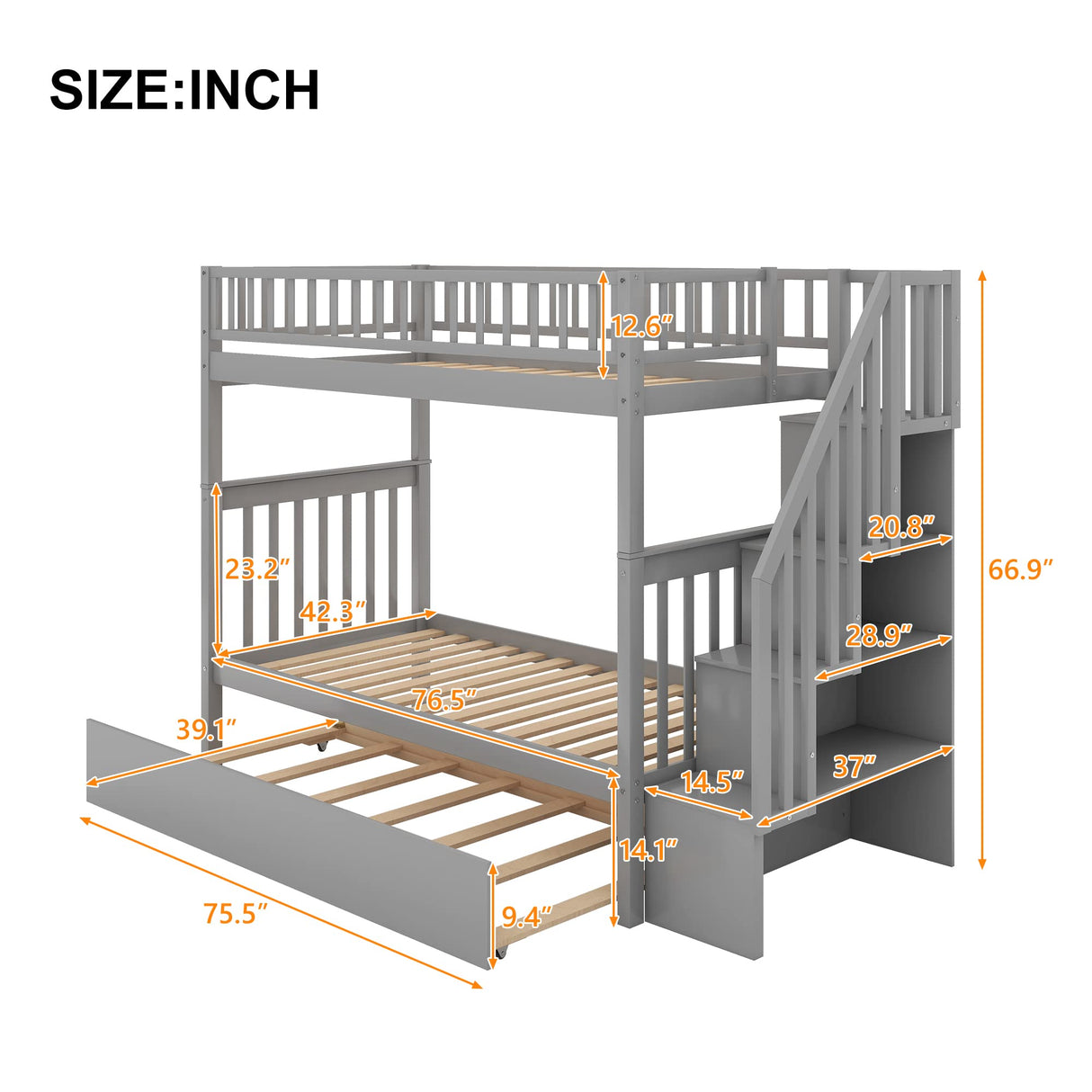 Twin Over Twin Bunk Bed with Stairs and Trundle, Solid Wood Stairway Bunk Bed Frame