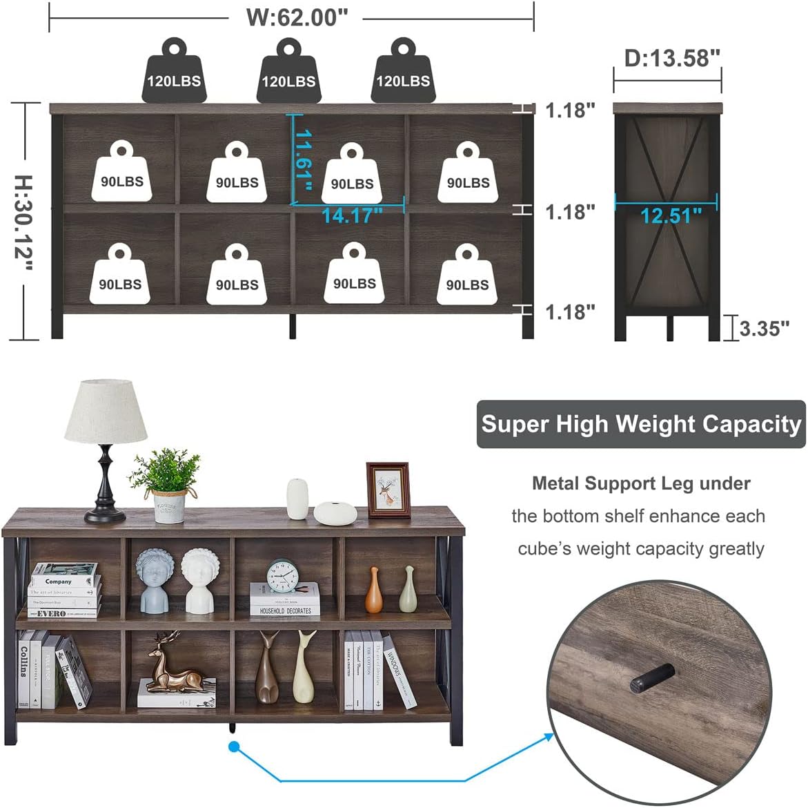 8 Cube Storage Organizer Bookshelf, Rustic Wood Cubby Bookcase